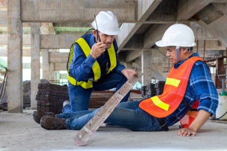 One Worker Helping Another Worker With A Fallen Construction Beam On His Leg