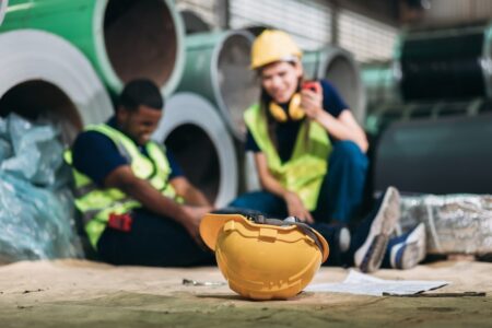 Orange Helmet Laying On The Floor While Two Workers Are Sitting In The Background With One Of Them Injured