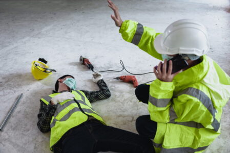 Construction Worker Calling For Help While Another Worker Is Laying On The Floor With Electric Equipment